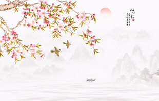 新中式工笔花鸟画电视背景墙