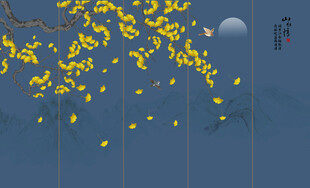 金色银杏叶花鸟画背景墙