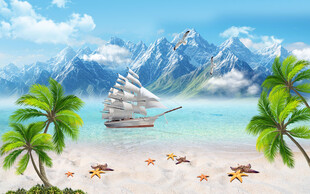 蓝天大海沙滩椰树背景墙