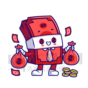 卡通錢袋形象手持錢袋與鈔票