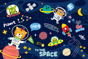 可愛動物宇航員卡通宇宙星球背景