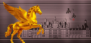 金色飛馬城市背景下的奇幻