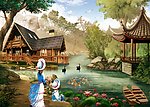 油画风景 花港观鱼