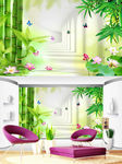 3D空间竹子荷花电视背景墙