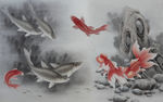 水墨鲤鱼壁画图