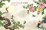 中式牡丹松鹤延年山水背景墙壁画