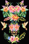 清新手绘热带植物飞鸟数码印花图