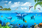 3D立体大海海豚海底世界背景墙