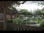 中国风古建筑花园后庭景观效果图