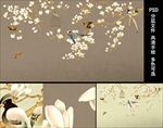 中式简洁工笔花鸟壁画墙纸背景