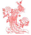 孔雀牡丹花开富贵矢量线条雕刻图