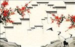 中式梅花仙鹤影视背景墙
