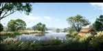 河道景观丹顶鹤水生植物鸟类图