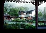 雨景古建亭子假山水景效果图
