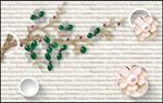 3D翡翠珠宝珍珠花卉白色砖墙