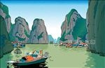 桂林三峡山水游船房屋蓝天插画