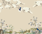 中式花鸟手工笔壁画