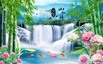 山水情牡丹竹子图