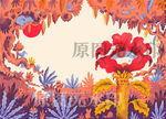森林植物鸟兔松鼠童话复古插图