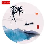 新中式青竹圆形木框画