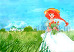 白衣裙美女少女手捧鲜花草地插图