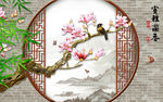 中式玉兰花  山水画背景墙