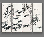 齐白石虾米螃蟹鱼水墨国画条屏