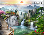 3d瀑布富水长流山水风景画