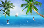 美丽大海椰树蓝天白云电视背景墙