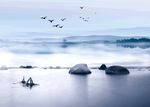 新中式意境山水湖泊水面倒影背景