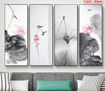 中式水墨荷花莲花荷叶莲蓬四联画