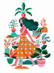 长裙少女孩花草花艺植物家居插图