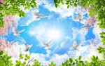 蓝天白云梦幻桃花树叶吊顶