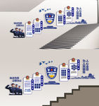 蓝色公安局交警警营楼梯文化墙