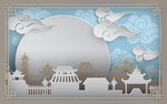中式月下宫廷云纹矢量背景墙
