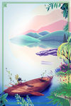 春季唯美手绘海边背景