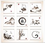 九宫格 矢量创意画 竹子 古墨