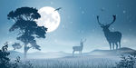 月色麋鹿树林矢量插画背景墙