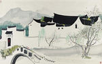 村庄小桥抽象风景水墨风格壁画