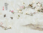 玉兰手绘工笔花鸟新中式背景墙