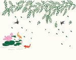 树叶 柳条 小鸟 荷花鱼矢量