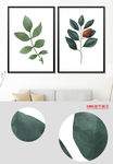 欧式手绘清新叶子两联装饰画