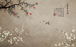 大型古典梅花花鸟枯树枝背景