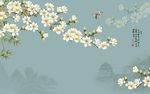 蓝色清新雅致飞鸟山水花玄关屏风