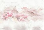 粉色中式山水手绘玄关屏风背景底