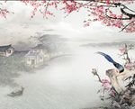 新中式水乡古镇桃花江南春背景墙