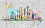 水彩手绘城市建筑背景墙