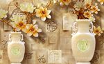 福字瓶子牡丹花玉雕背景墙
