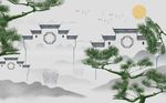 意境水墨古建筑徽派江南水背景墙
