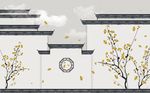 古建筑金色银杏叶背景墙